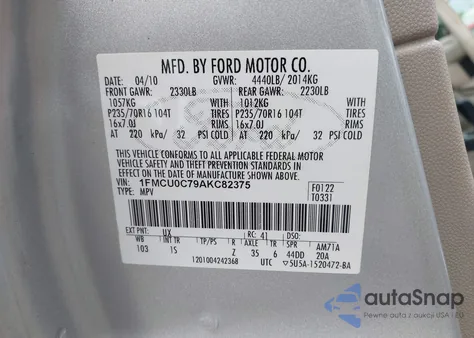 2010 Ford Escape Xls z USA, uszkodzony, nr VIN 1FMCU0C79AKC82375